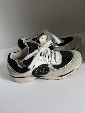 CHANEL Black, Silver & White CC Logo Running Sneakers